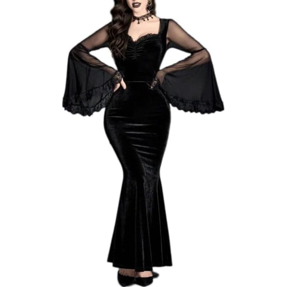 Luxurious Gothic Dress: Velvet Flounce Sleeve with Sweetheart Neck, Size Small - Picture 1 of 7